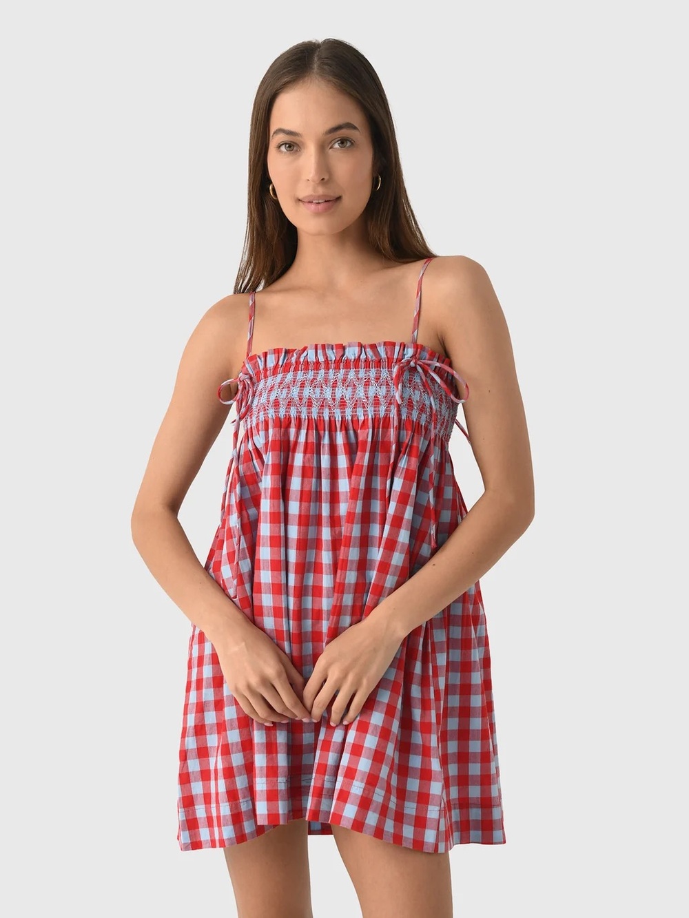 Damson Madder Smocked Gingham Mini Dress - Red/Light Blue UK8/US 6